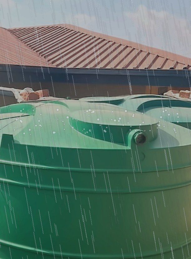 Rainwater storage tank in a rain shower